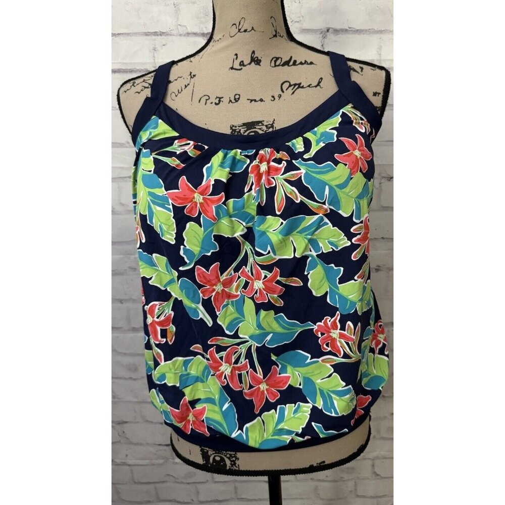 Lands End Size 8DD Blouson Tummy Hiding Modest Blue Floral Tankini Top Swimsuit